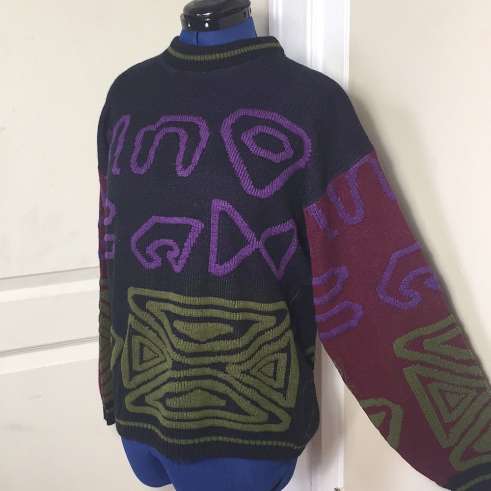 Vintage 80’s geometric crewneck sweater L - Picture 3 of 8
